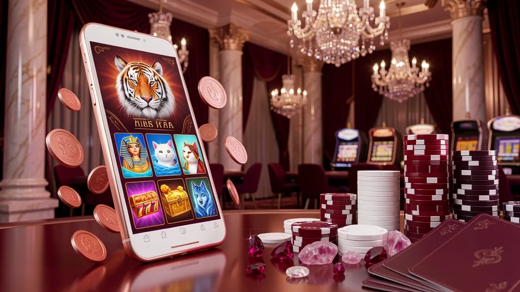 Smartphone branco e cobre exibe aplicativo de cassino com jogos