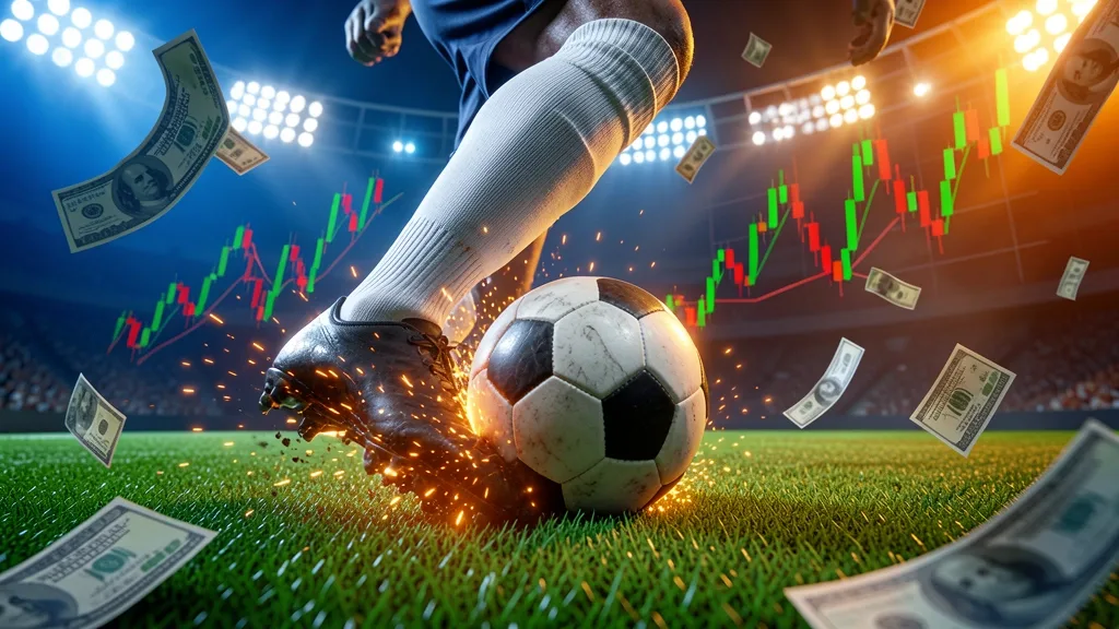 Jogador chuta bola em campo iluminado, cercado por gráficos de apostas