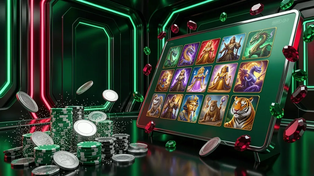 Painel digital verde exibe oito jogos fantásticos em cassino futurista