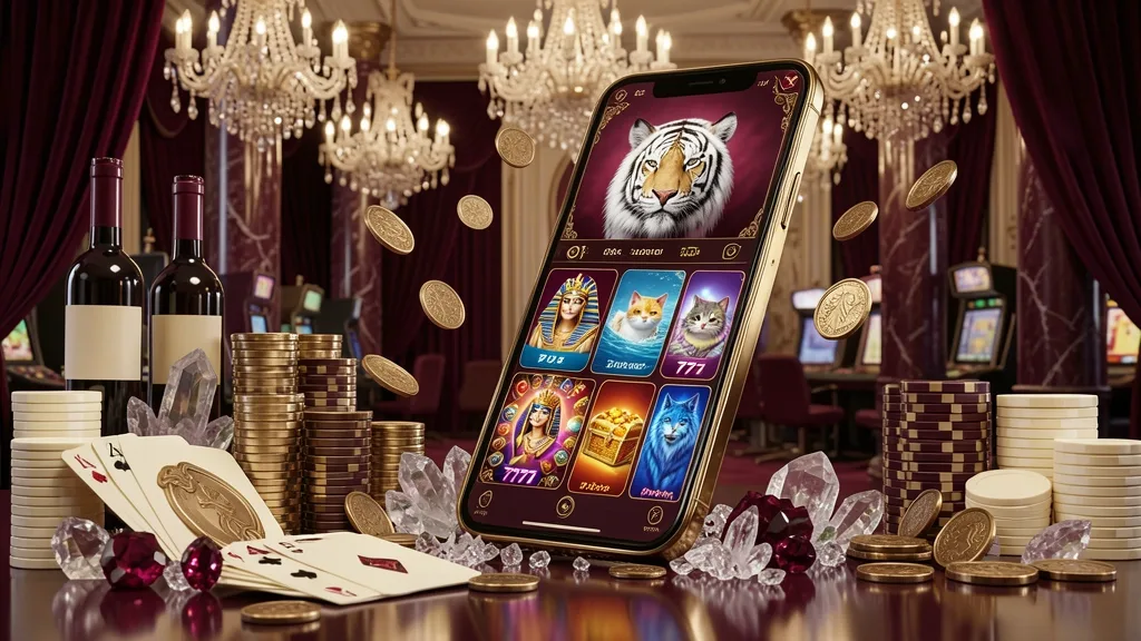 Smartphone vinho exibe aplicativo de cassino com seis jogos coloridos