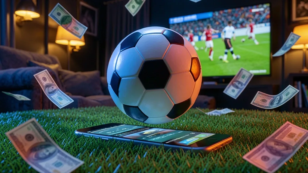 Bola de futebol flutua sobre smartphone em gramado com dinheiro