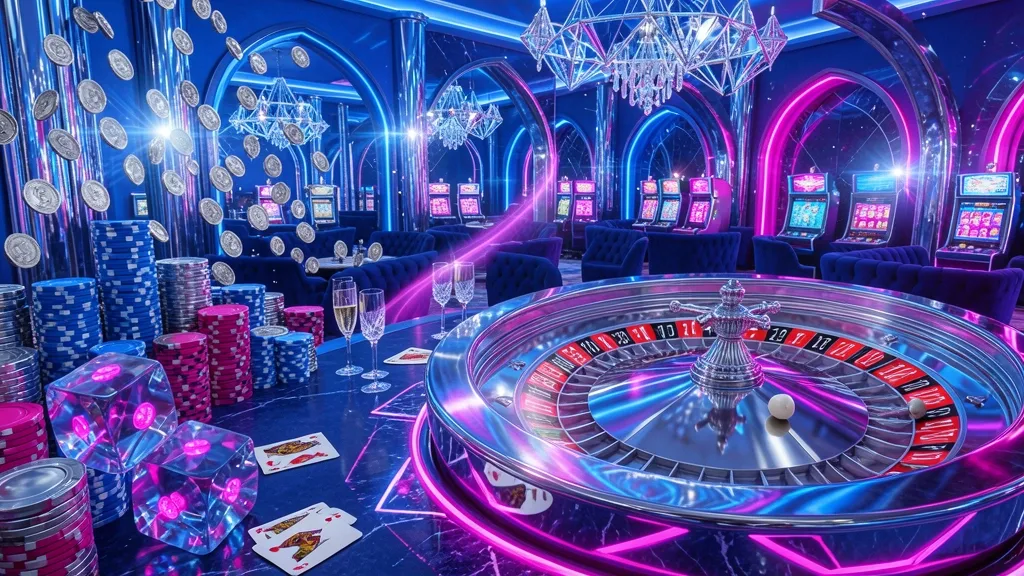 Roleta azul e rosa domina luxuoso salão de cassino futurista
