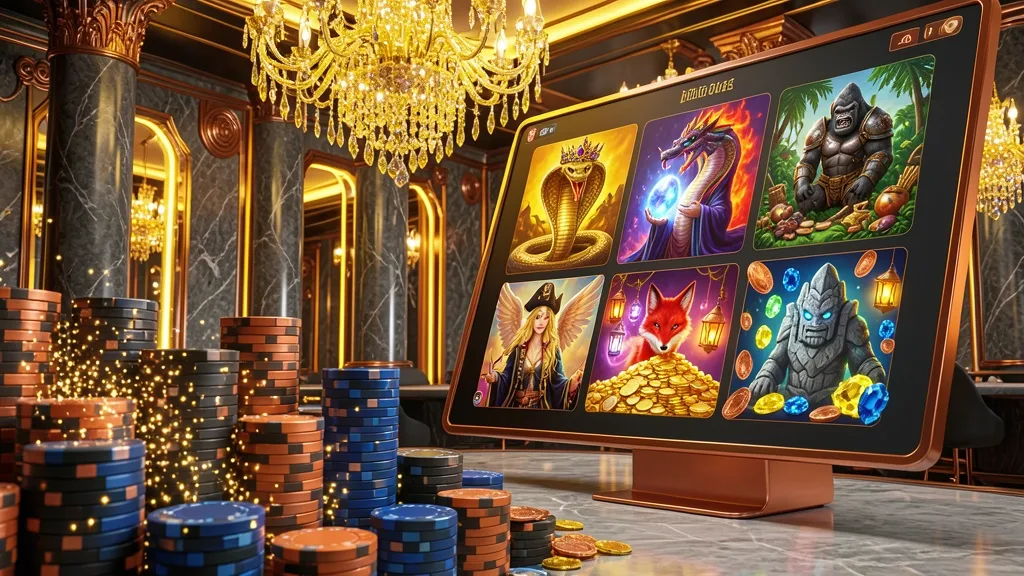 Painel digital inclinado mostra oito jogos coloridos em cassino luxuoso