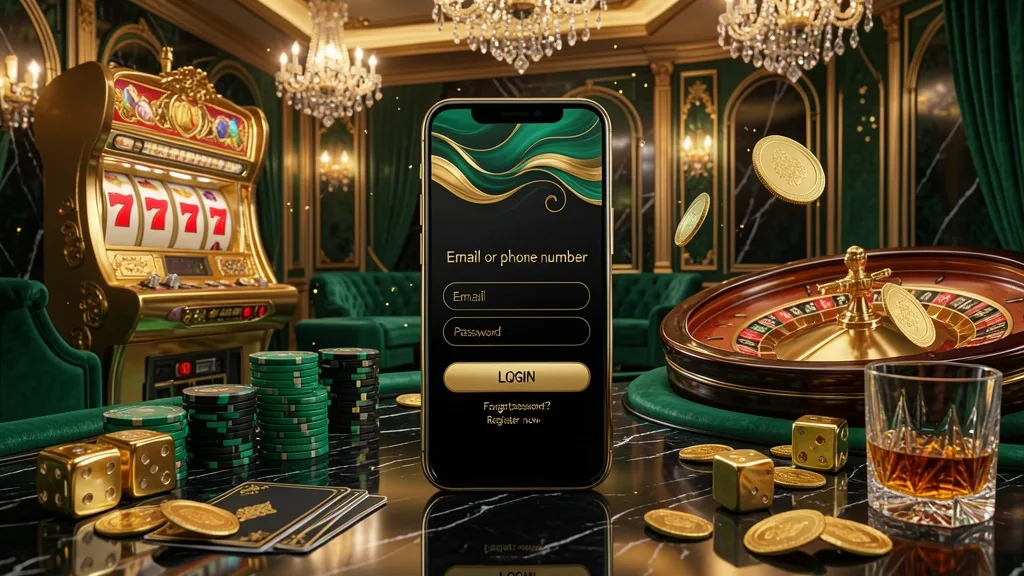 Smartphone central exibe tela de login cercada por objetos de cassino