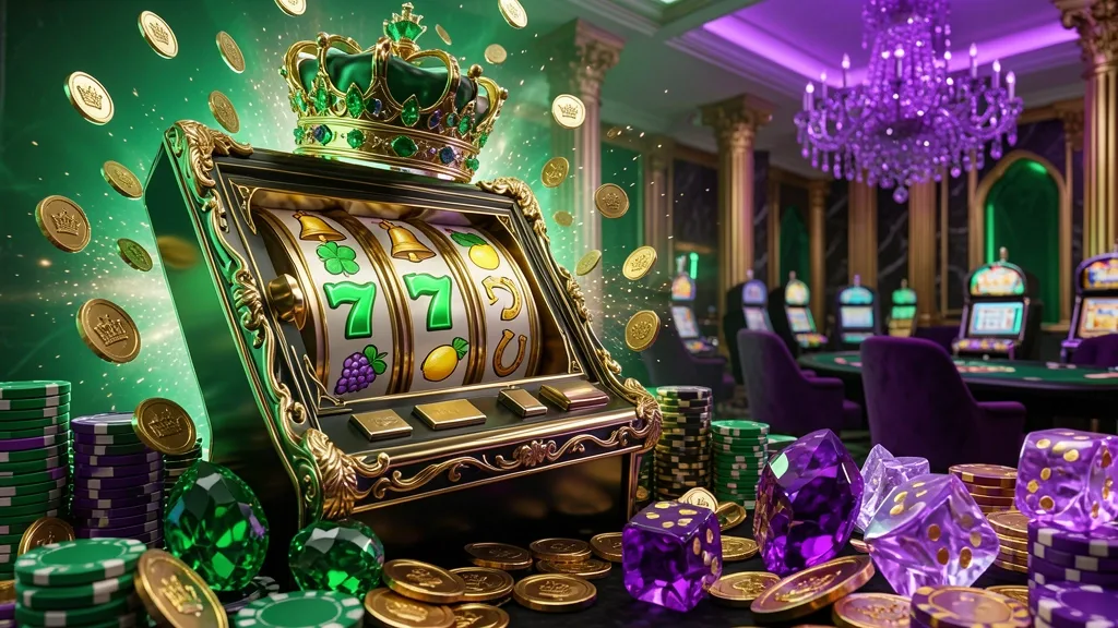 Caça-níquel dourado exibe quatro setes verdes sob coroa esmeralda