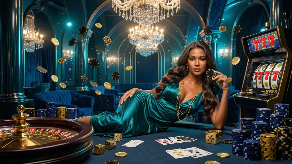 Mulher brasileira em vestido teal segura ficha diante de roleta gigante