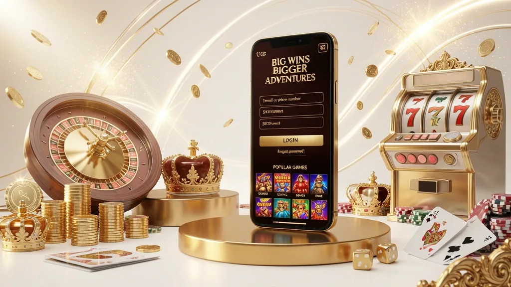 Smartphone dourado exibe plataforma de cassino com jogos, esportes e promoções